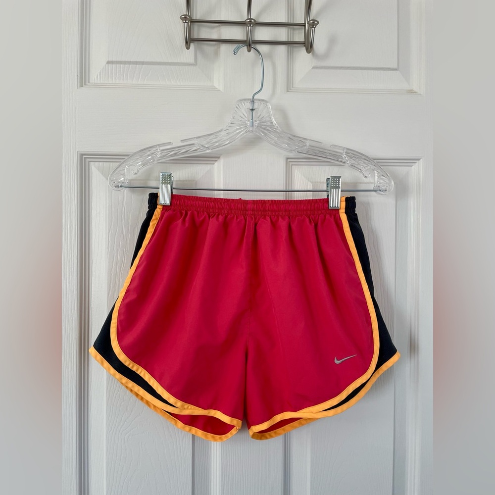 Nike Women's Athletic Shorts in Reddish-Orange with Black and Yellow Trim